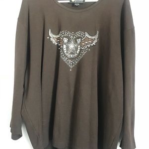 L/S chocolate blouse with Western embellishment.